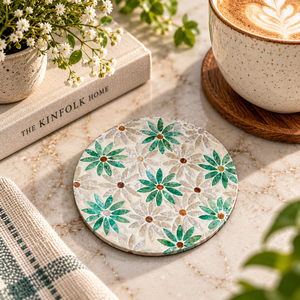 MDF Marble Mosaic <b>Coaster</b> Set of 3 with <b>Cork</b> Backing | Round Floral Drink Mats for Tea Coffee Cups Dining Table Home Decor Gift - Product Image 3