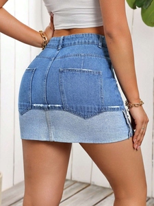 Jupe en jean tendance pour femme, style Y2K, avec poches, taille haute, boutonnée, décontractée, prête à être expédiée - Product Image 2