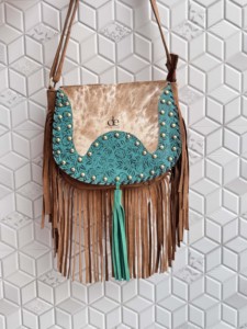 กระเป๋าถือผู้หญิงหนังวัวสไตล์ตะวันตกกระเป๋าถือขอบสีเทอร์ควอยซ์แกะสลักขอบกระเป๋าแบบโบฮีเมียน - Product Image 2