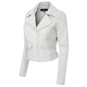 White Knitted Leather Motorcycle <b>Jacket</b> for <b>Women</b> Regular Windproof Zipper Collar Long Sleeve Custom Logo <b>Spring</b> Autumn Winter - Product Image 2