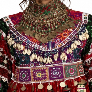 Vestido Afgano Kuchi Hecho a Mano, Étnico, Tribal, Tradicional, con Encaje Bordado, Transpirable, Teñido Liso, de Cachemira y Chifón - Product Image 5