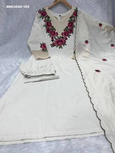Top Quality Khadi Cotton with Multi-Thread Flower-Leaf work Yoke & Full Sleeve Straight Long <b>Kurti</b>-Pant-Dupatta Indian Exporter - Product Image 6