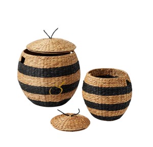 Cesta de Almacenamiento de Jacinto de Agua con Tapa, Diseño de Abeja, Organizador de Juguetes Tejido a Rayas, Decoración Adorable para Cuarto de Bebé o Sala de Juegos - Product Image 1