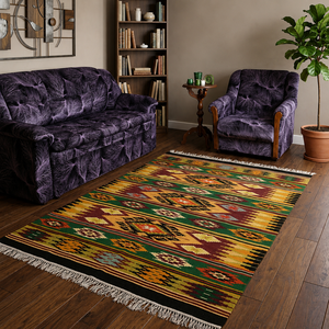 Tapis rectangulaire moderne en laine fait main à motifs floraux avec franges, lavable, pour salon, prière et pique-nique - Product Image 2