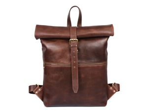 Genuine Leather <b>Roll</b> <b>Top</b> <b>Backpack</b> Adjustable Strap Durable Bohemian Style Solid Pattern Unisex All Seasons Travel Daily Use - Product Image 1