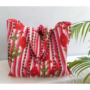 Sac fourre-tout en coton fait main imprimé floral SR Exports avec fermeture éclair, réutilisable, pour la plage ou le shopping, style bohème indien, à porter à l'épaule - Product Image 3