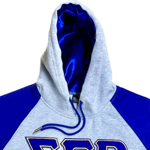 Sweat à capuche unisexe gris chiné et bleu roi avec patch lettres en chenille, manches longues, poche kangourou et manches contrastantes, style décontracté - Product Image 4