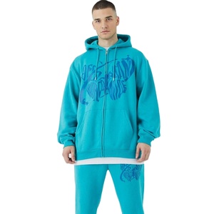 Chándal de alta calidad para hombre, parche bordado, sudadera con capucha y pantalones de chándal con cremallera desgastada, conjunto de chándal informal para hombre - Product Image 1