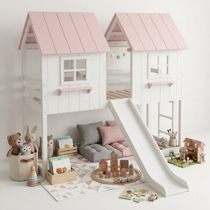 Twin Size Wooden Bunk <b>Bed</b> With Slide <b>House</b> Design White Pink Scandinavian Style Kids <b>Bed</b> - Product Image 2