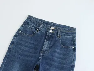 Jeans Azules Personalizados 100% Algodón Lavado, Cintura Media, Corte Recto, Ajuste Regular, Estilo Retro, Casual y Moderno para Mujer - Product Image 3