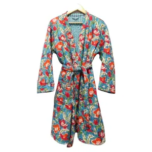 Cotton Quilted Kimono Bathrobes Indian Handmade Floral Printed Night Wear Dressing Gown