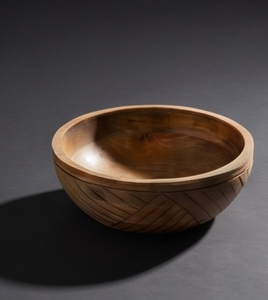 Natural Finish <b>Mango</b> <b>Wood</b> Serving <b>Bowl</b> Round Salad <b>Bowl</b> with Carved Exterior Geometric Angled Line Pattern - Product Image 2