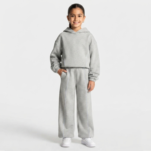 Custom Contrastline Silver Grey <b>Oversized</b> Kid Girls Tracksuit Set Cotton Fleece Hoodie & Wide Leg <b>Sweatpants</b> OEM & ODM - Product Image 1