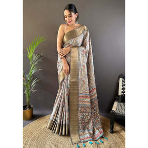 Sari en soie d'Assam gris avec bordure tissée Zari, vêtements indiens et pakistanais par Elite Weaves 500g - Product Image 3