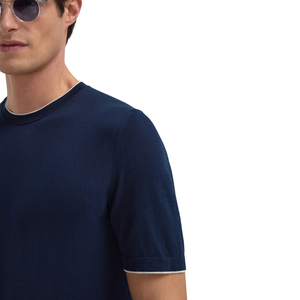 <b>Men's</b> <b>Navy</b> <b>Blue</b> Short Sleeve O-Neck <b>T</b>-<b>Shirt</b> With Contrast Trim Regular Fit Knitted Cotton Casual Style - Product Image 2