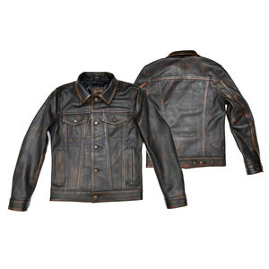 Veste en cuir de chèvre véritable de camionneur pour hommes Style occidental vêtements d'extérieur décontractés marron vieilli Look vintage - Product Image 1
