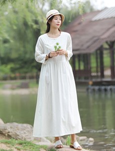 Robe longue en coton pour femmes, coupe ample, manches longues, couleur unie, blanche, style bohème, robe longue décontractée - Product Image 2