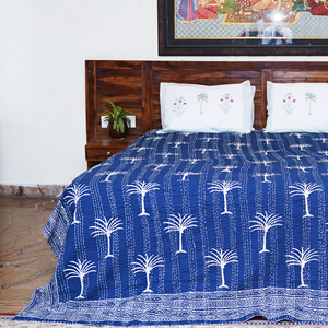Blue Kantha Quilt Blanket-Handmade Reversible Embroidered 100% Cotton All-Season Hotel Use <b>Bedspread</b> - Product Image 1