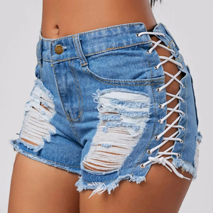 Women's High Waist <b>Black</b> Denim <b>Shorts</b> Asymmetric Ripped Lace Up Hollow Out Sexy Summer Style - Product Image 6