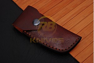 Couteau pliant artisanal en acier Damas, manche en bois, couteau de poche, couteau de camping, de chasse, EDC, avec étui en cuir - Product Image 6