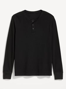 Camiseta Henley de Manga Larga para Hombre, Negra, de Algodón Tejido, Corte Regular Informal, Logotipo Frontal Sólido, Diseño Transpirable con Cuello Redondo - Product Image 1