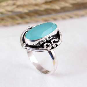 Anillo de boda unisex de plata de ley 925 con calcedonia acuamarina, hecho a mano, estilo bohemio vintage, oxidado. - Product Image 4