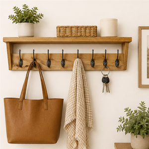 Perchero moderno de madera maciza de roble para montar en la pared con estante de almacenamiento, resistente, con 10 ganchos, organizador para recibidor, para abrigos, sombreros y bolsos. - Product Image 2