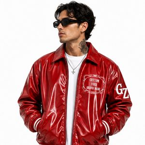 Chaqueta universitaria de cuero charolado rojo personalizada con parche de marca personalizado y puños con ribete de rayas acanaladas para uso unisex. - Product Image 6