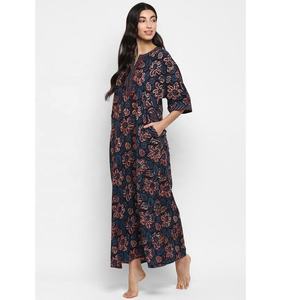 Vestido de caftán informal azul marino, camisón estampado con bloque de mano con patrón floral granate, método de tejido ecológico tejido - Product Image 1