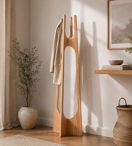 Porte-manteau moderne en bois sur pied pour entrée, rangement minimaliste, meuble de salon, 2 crochets, structure stable - Product Image 1