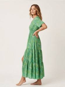Green Floral Print V-Neck Maxi <b>Dress</b> With Elastic Waist And Ruffles <b>Boho</b> Loose Chiffon <b>Summer</b> Casual <b>Dress</b> - Product Image 2