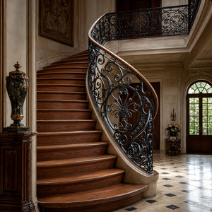 Rampe d'escalier incurvée en fer forgé noir de luxe, balustrade ornée avec main courante en bois pour la décoration de villas et de manoirs - Product Image 3
