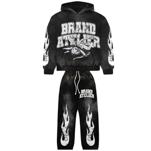 <b>Wholesale</b> Fashion <b>Flare</b> Baggy Sweat Suit Pullover Full Screen Printing Hoodie Athletics Street Wear ACID Wash 2 Pcs Tracksuit - Product Image 1