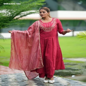 <b>Top</b> Quality Mal Chanderi with Khatli-work & Flared-Round Long <b>Kurti</b>-Plazzo-Printed Lining Dupatta Set Online Shopping India - Product Image 1