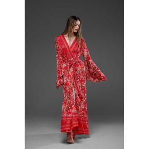 Vestido Maxi Bohemio Rojo con Estampado Floral para Mujer, Cuello en V, Manga Larga, Estilo Envolvente, Verano, Playa, Boho Chic, Elegante y Fluido - Product Image 3