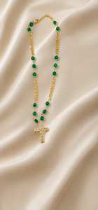 Collar Personalizado Chapado en Rodio con Colgante de Cruz con Circonitas, Cadena de Rosario con Cuentas de Ágata Verde Esmeralda, Joyería Fina, Regalo Religioso para Mujer - Product Image 2