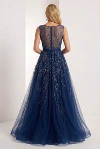 Vestido de Noche Azul Marino de Lujo con Hombros Descubiertos, Adornado con Lentejuelas, de Tul, Corte A, para Fiesta de Graduación, Venta al por Mayor, Ropa Formal de Fiesta para Mujer - Product Image 4