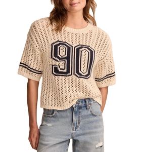 Pull décontracté à col rond pour femme, tricot d'été avec imprimé lettres, tricot ajouré, ourlet côtelé transparent - Product Image 1