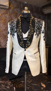 Men’s White Designer Tuxedo Suit with Black & Gold Embroidered Lapel – Luxury Wedding <b>Blazer</b> with Vest & Bow Tie - Product Image 5