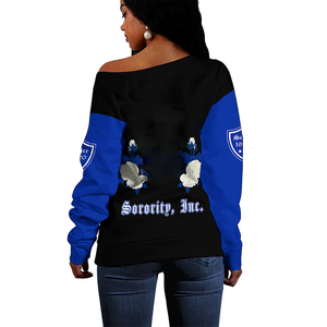Chemises épaules dénudées OEM 1920 Zeta Phi Beta, broderie bleue et noire Zita et logo en chenille, chemises épaules dénudées grecques pour femmes - Product Image 4