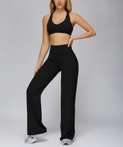 Ensembles de sport pour femmes, directement de l'usine, 2 pièces : soutien-gorge de sport à bretelles color block et leggings évasés taille haute, pour la gym, le yoga et le pilates - Product Image 3