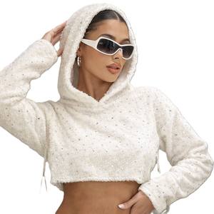 <b>Women</b> Cropped <b>Teddy</b> Fleece <b>Hoodie</b> Soft Sherpa Pullover Sparkle Rhinestone Detail Warm Winter Crop Hoodies Custom Production - Product Image 1