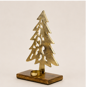Luxury Golden Aluminium Christmas Tree Tealight Candle Holder On Mango Wood Base Handcrafted Festive Ornament for Holiday Table - Product Image 5