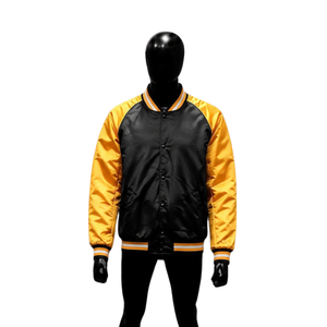 Chaqueta universitaria satinada negra y amarilla dorada para hombre, chaqueta bomber de béisbol brillante de primera calidad con mangas raglán a contraste con rayas. - Product Image 1