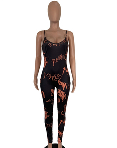 Mono negro de tirantes para mujer con estampado de letras naranjas, cintura alta, leggings ajustados de cuerpo entero, ropa de calle, primavera-verano - Product Image 1
