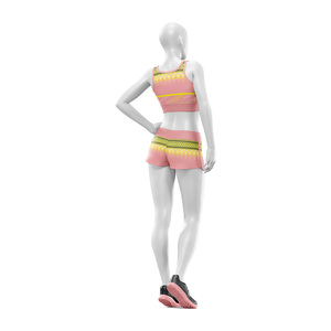 Ensemble de vêtements de yoga et de sport personnalisé en 2 pièces, haut court à col rond, short taille haute, imprimé géométrique, spandex, polyester, logo imprimé sur le devant - Product Image 6