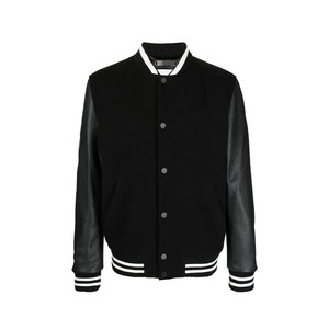 Rhinestones Men's Black Varsity <b>Jacket</b> Genuine <b>Leather</b> Sleeves White Trim Collar Regular Fit Casual <b>Winter</b> Waterproof Reversible - Product Image 1