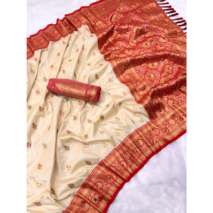Elite Weaves White <b>Red</b> Soft Silk <b>Saree</b> with Zari Woven Butti Durga for Durga Pooja Wedding Apparel - Product Image 6