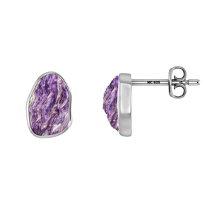 925 Sterling Silver Natural Charoite Rough Butterfly Lock Stud <b>Earrings</b> Classic Style Bezel Setting Engagement Wedding Gift Pack - Product Image 2