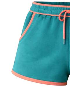 Shorts en molleton de coton personnalisés pour femmes, couleur turquoise avec contraste corail, taille élastique, décontractés, pour l'été, sport et détente, fabricant - Product Image 4